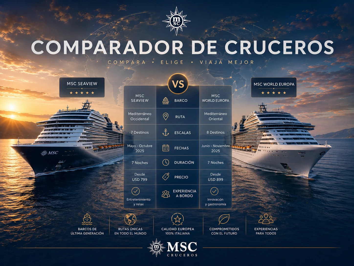 Comparador de cruceros MSC con dos barcos y una tabla visual de comparación